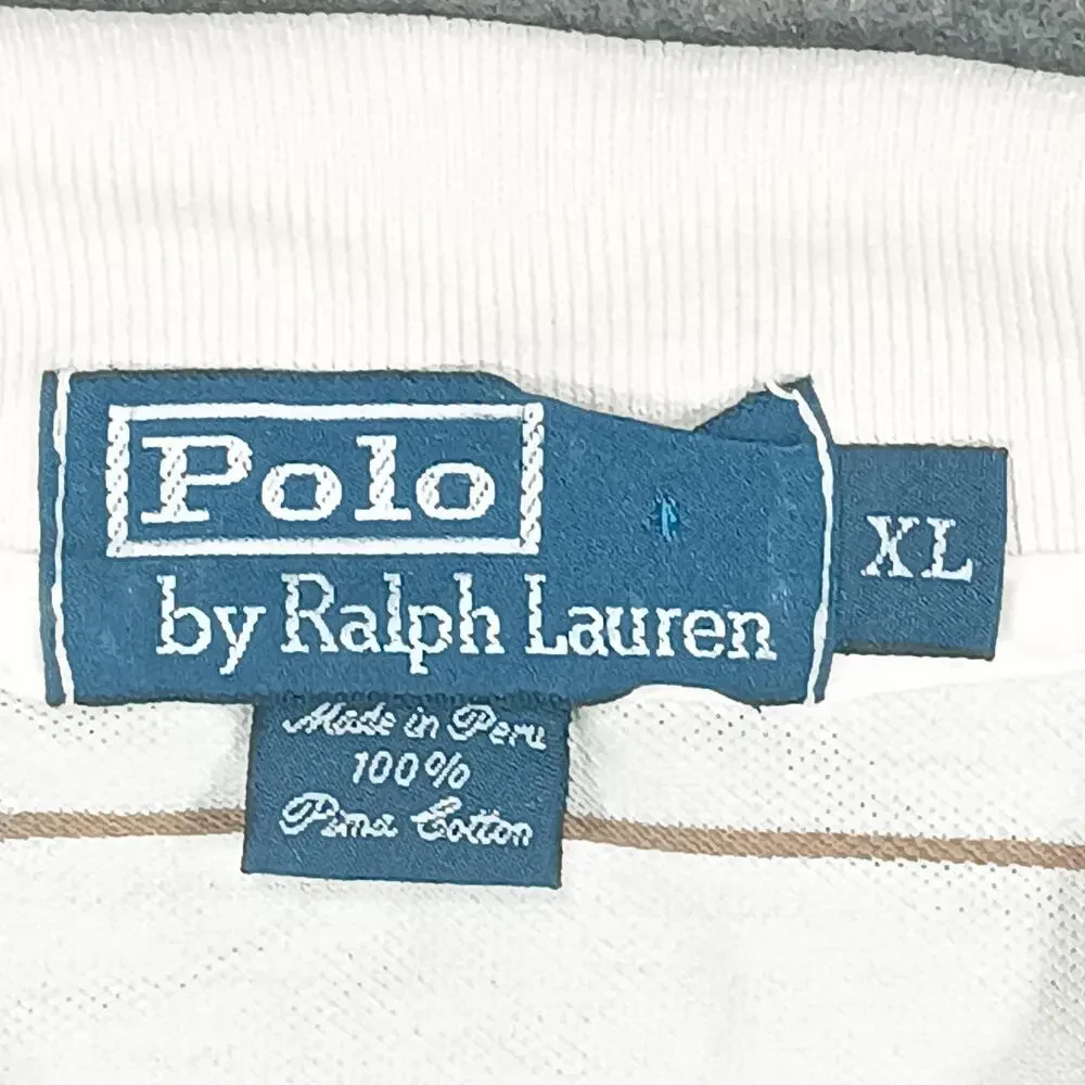 Polo Ralph Lauren Polo Shirt Mens XL White Tan Striped Pima Cotton Short Sleeve